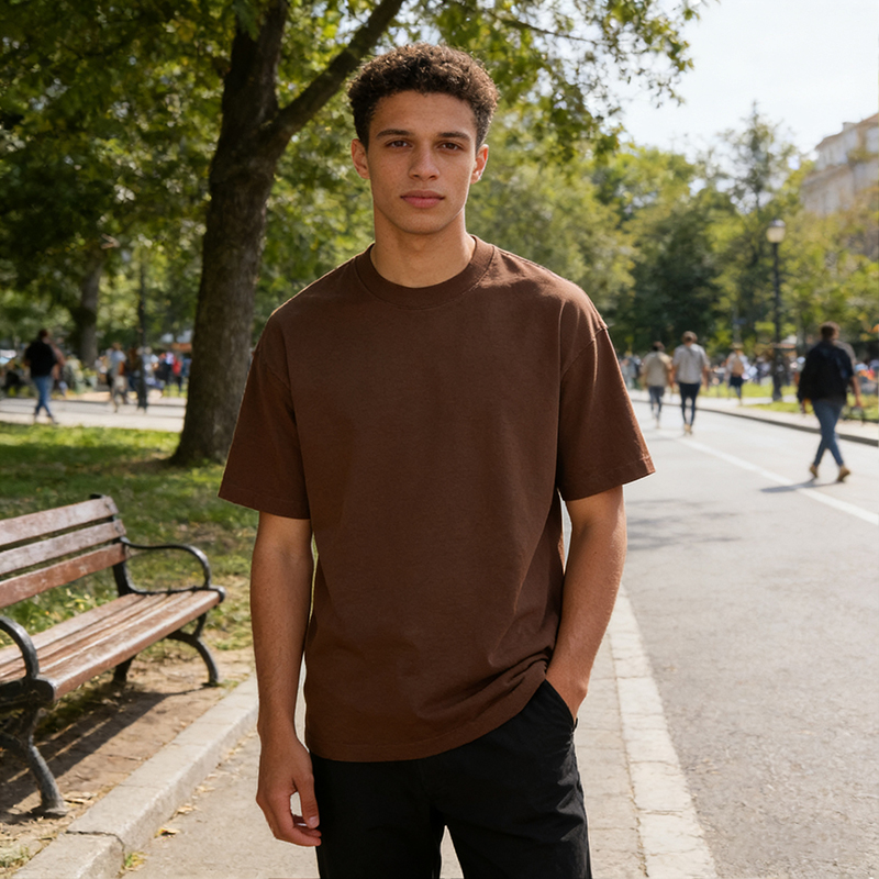 Unisex Oversized Brown Crew Neck T-Shirt Short Sleeve Loose Fit Casual Basic Tee for Daily & Street Style CF26271