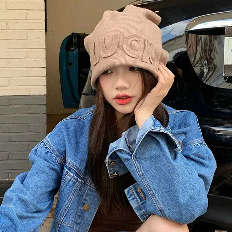 Luxury Hip Hop Letters Oversize Beanie for Women Autumn Winter Warm Knitted Baggy Caps Solid Color Pullover Ear Warmer Hats Bonnet Y251209