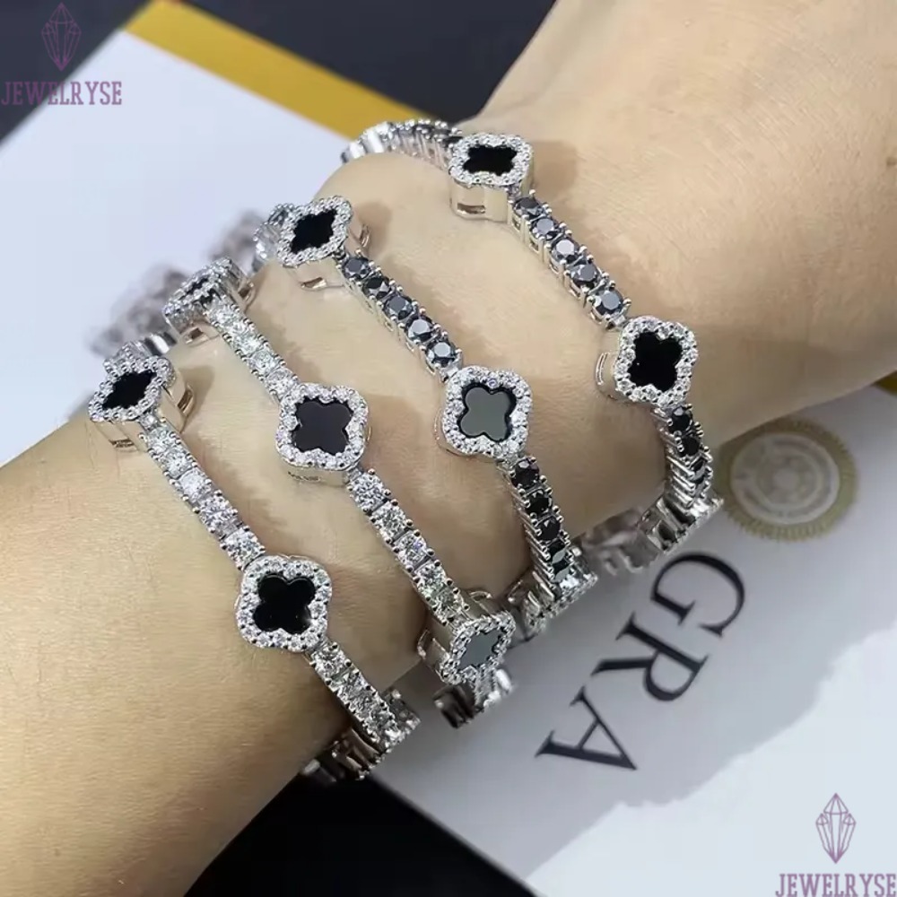 New Design 3mm 925 Sterling Silver Luxury Hip Hop Moissanite Diamond Tennis Chain Bracelets Four Cleef Clover Pass Test