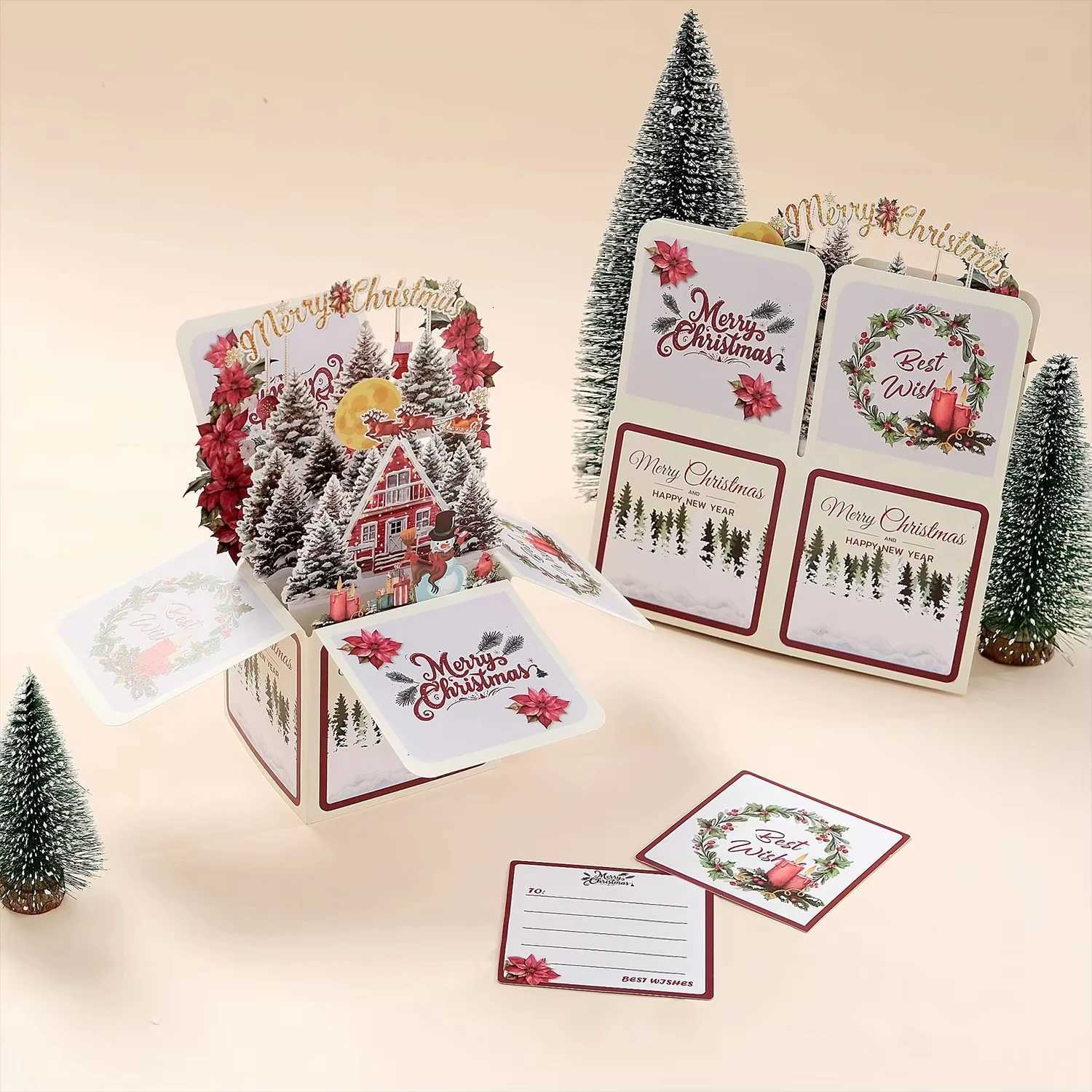 3D Up Greeting Cards Merry Christmas Cards New Year Greeting Cards Blessing Santa Claus Deer Snowman Cards Decor H251210