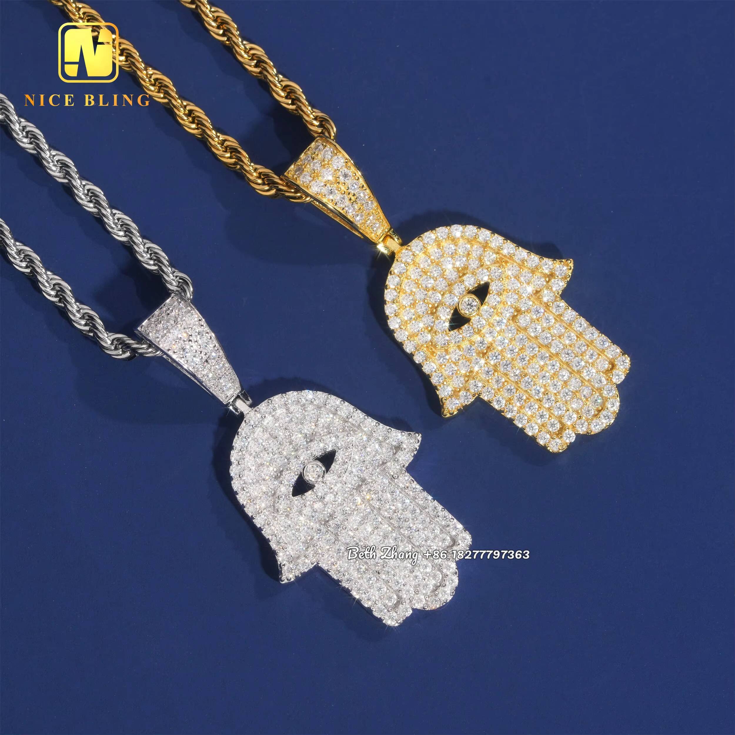 925 Sterling Silver Pendants Hip Hop Jewelry Moissanite Hamsa Hand Charm Pendants