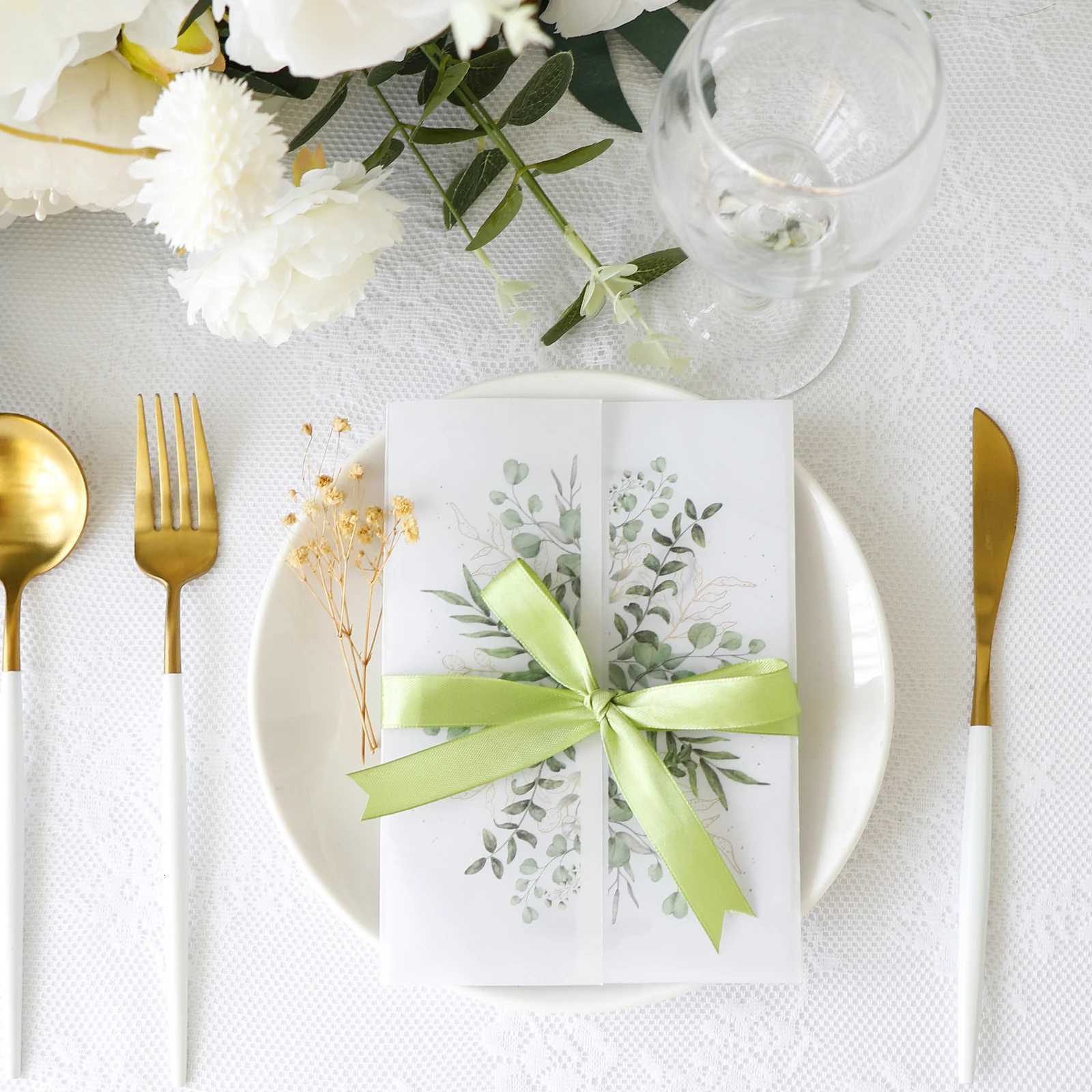 50pcs Folded Vellum Jackets with Ribbon for Wedding Invitations Card Birthday Party Baby Shower Cards Craft Paper Wraps H251210