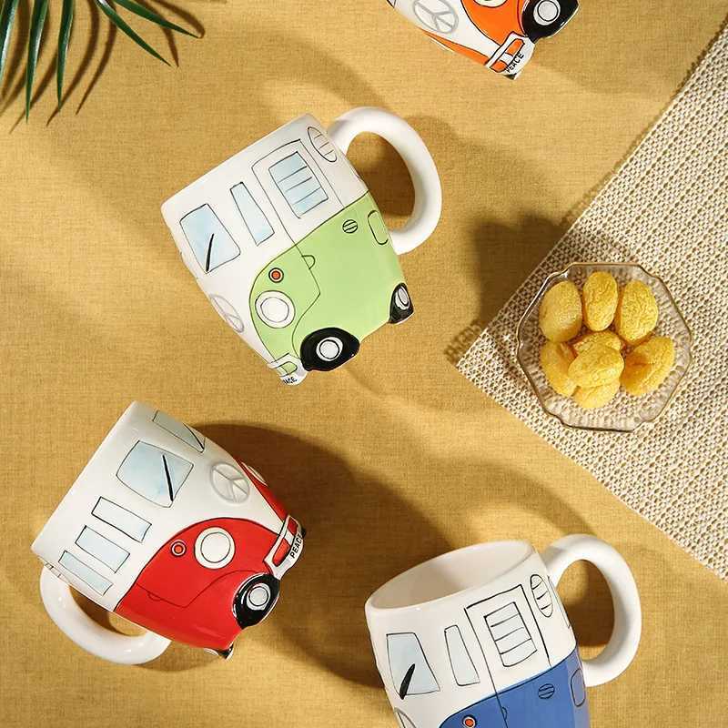Creative Hand Painting Double Bus Mug Cartoon Ceramic Milk Tea Water Coffee Mugs Home Office School Drinkware Cup Novetly Gifts C251210
