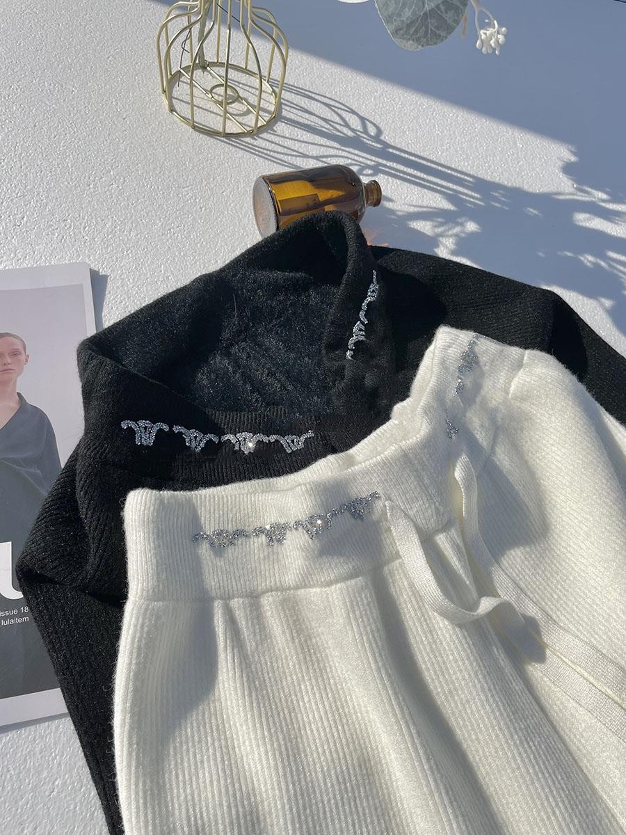 New designer women winter warm plus velvet wool inside designer rhinestone logos elastic waist knitted loose long pants trousers SMLXL