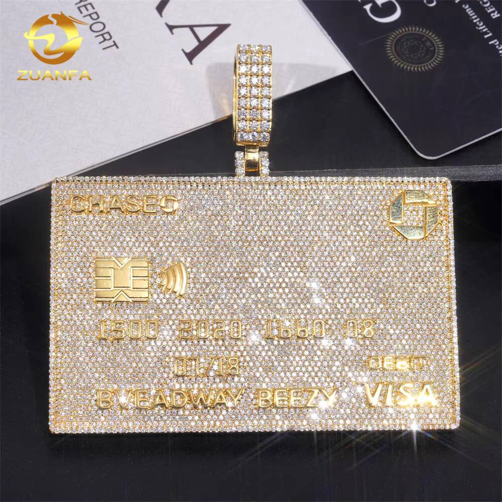 Ready to Ship Hot Sale Credit Card Pendant Sterling Silver Gold Plated GRA Certificate Moissanite Pendant Hip Hop Jewelry