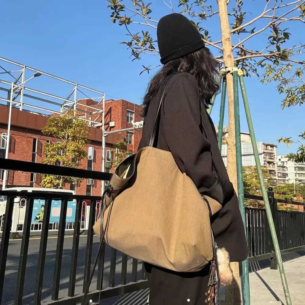 Wens Neutral Natural Sand Color Cott Double Te Underarm Tote Bag Casual Large Capacity Single Shoder Cputer Bags Y251209