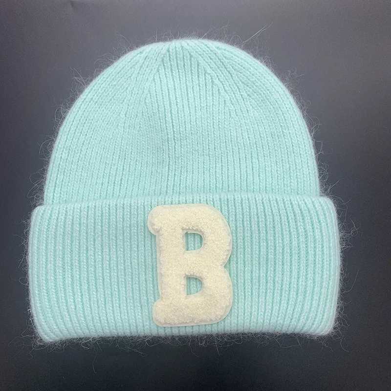 Luxury Real Rabbit Fur Womens Knitted Hat Trendy Letter B Winter Hats Warm Beanie Bonnet Outdoor Lady Wool Skullies Beanies Caps Y251209