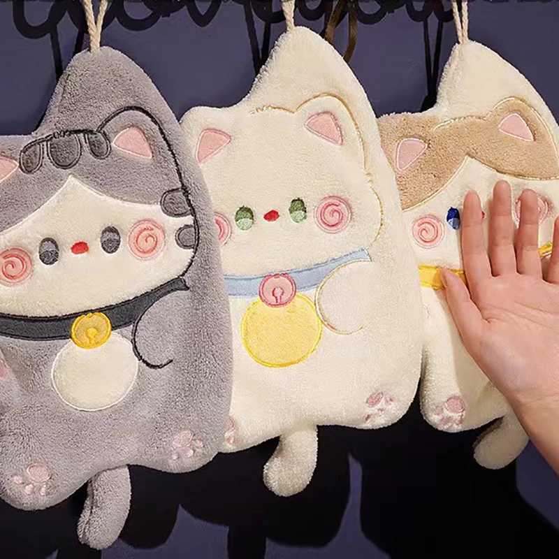 Cute Cat Hand Towel Quick Dry Kitchen Cleaning Wipes Coral Velvet Cartoon Absorbent Hanging Towel Bathroom Accessories C251210