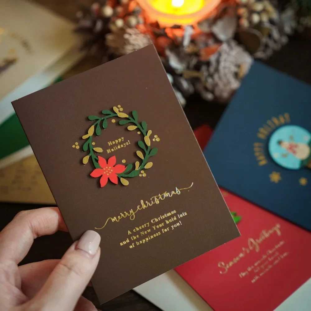 Merry Christmas Folding Small Card Handwritten DIY Greetings Postcard 2026 Happy New Year Blessing Card Envelope Gift Decoration H251210