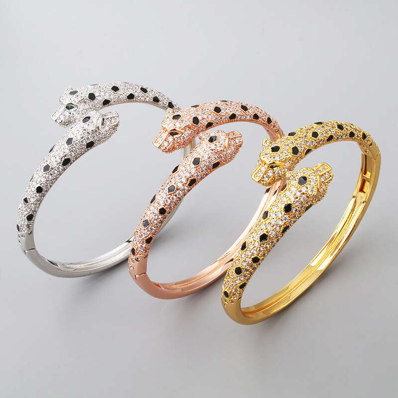 Ring For Women Designer Luxury Trendy Internet Celebrity Spot Full Diamond Double Leopard Head Bracelet Ring High-end Fashion Jewelry