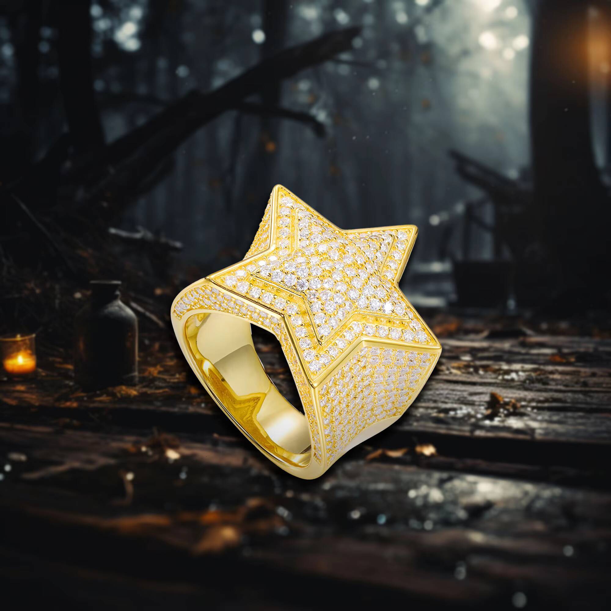 S925 Sterling Silver Moissanite Five-Pointed Star Ring 14K Gold Plated Hip Hop Trendy Jewelry