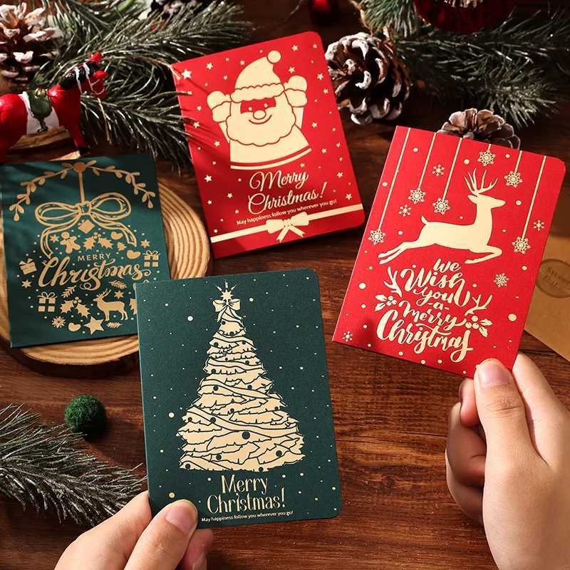 6pcs Christmas Greeting Card Red Green Hot Stamping Christmas Blessing Greeting Cards Envelope New Year Postcard Gift Card 2025 H251210