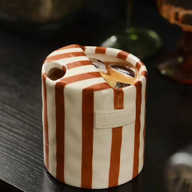 Modern Striped Ceramic Coffee Cup Hand Painted Simple Flower Tea Cup Home Breakfast Milk Mug Couple Mug Birthday Gift Home Decor C251210