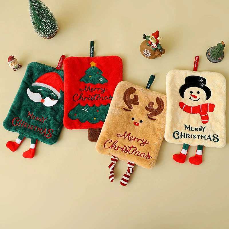 Coral velvet Christmas Hand towel for Kitchen Bathroom Handkerchief Cute Cleaning Towels with Hanging Rope Xmas Decor C251210