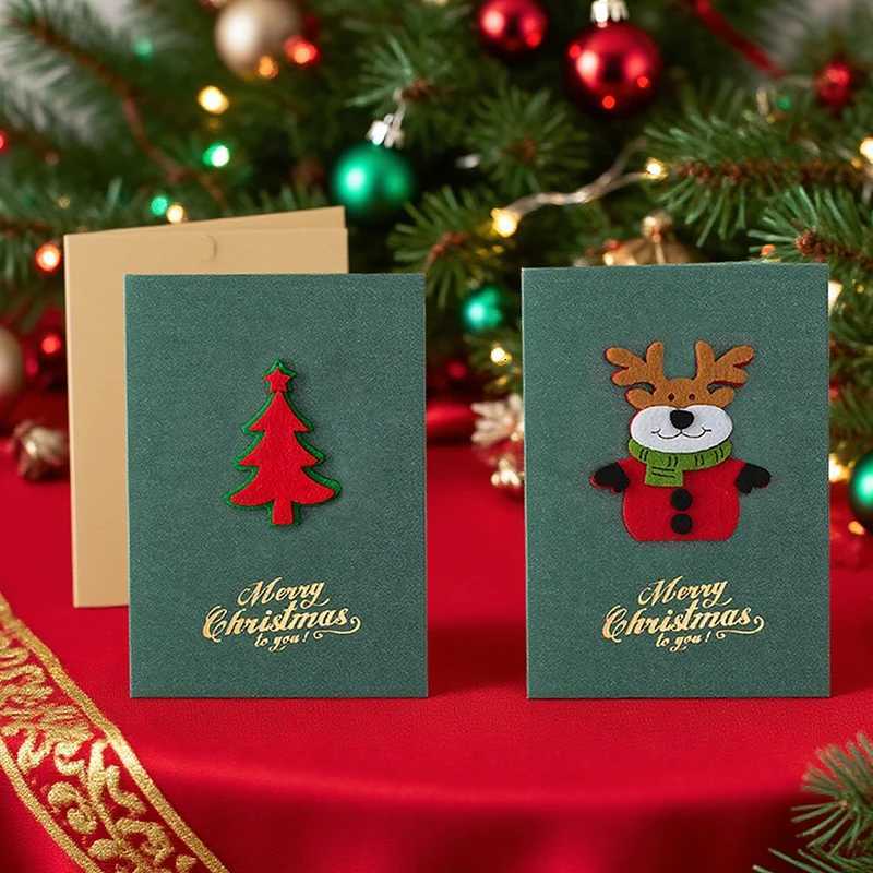 4PCS/Lot Assorted Green Styles Christmas Cards 3D Felt Decoration Pearlescent Paper Greeting Card with Envelope NewYear Gift ZYF H251210