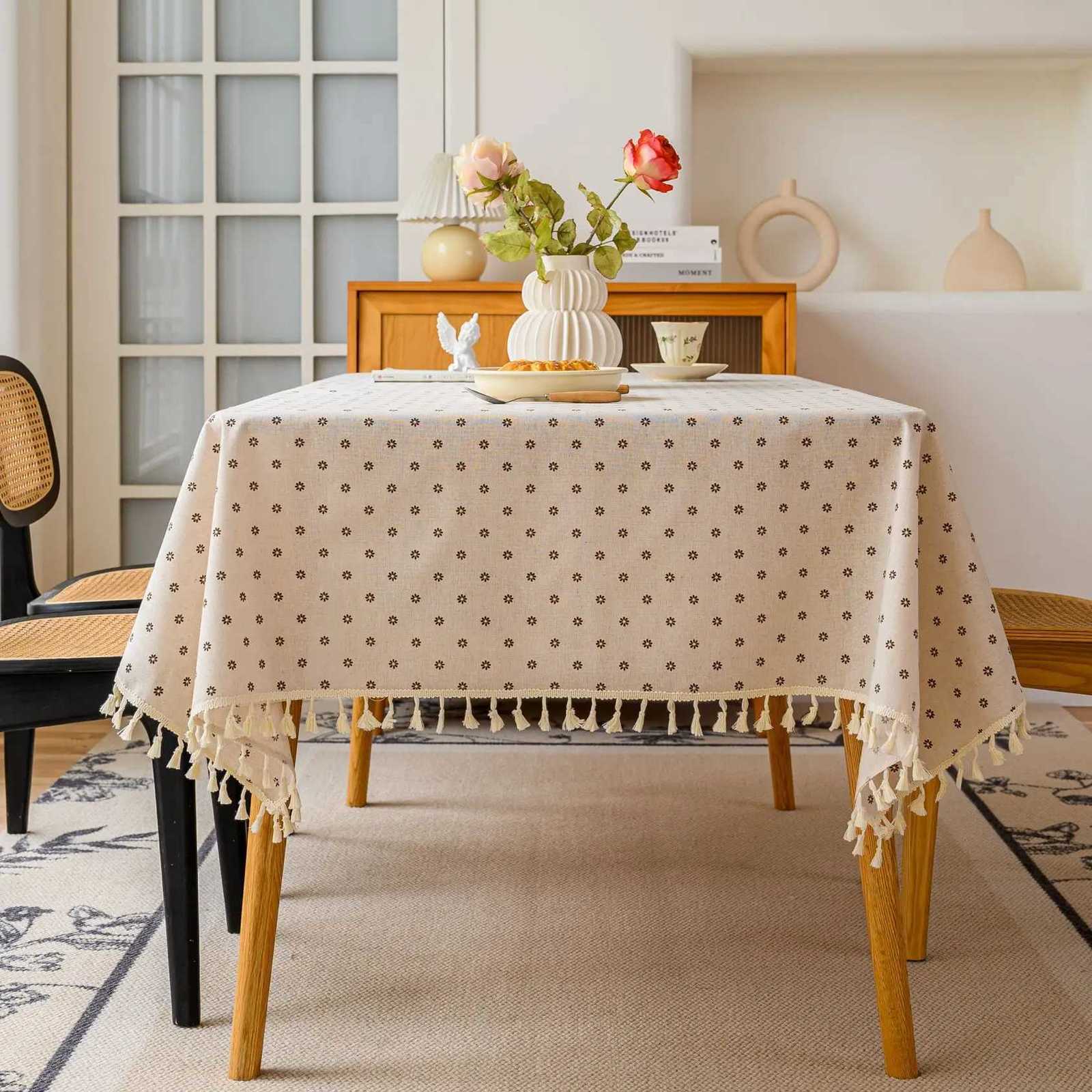 Cotton Linen TableclothStitching Tassel for Kitchen Dining Tabletop Decortion Tea Party Wedding Farmhouse Rectangle Tablecloth H251211