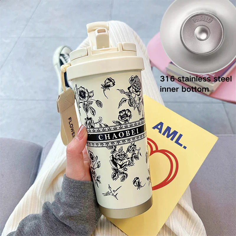 500ml 316 Stainless Steel Woman Flower Coffee Mug Vacuum Flask Straw and Directly Drinking Insulated Tumbler Thermal Cup Gift 251208 W260226