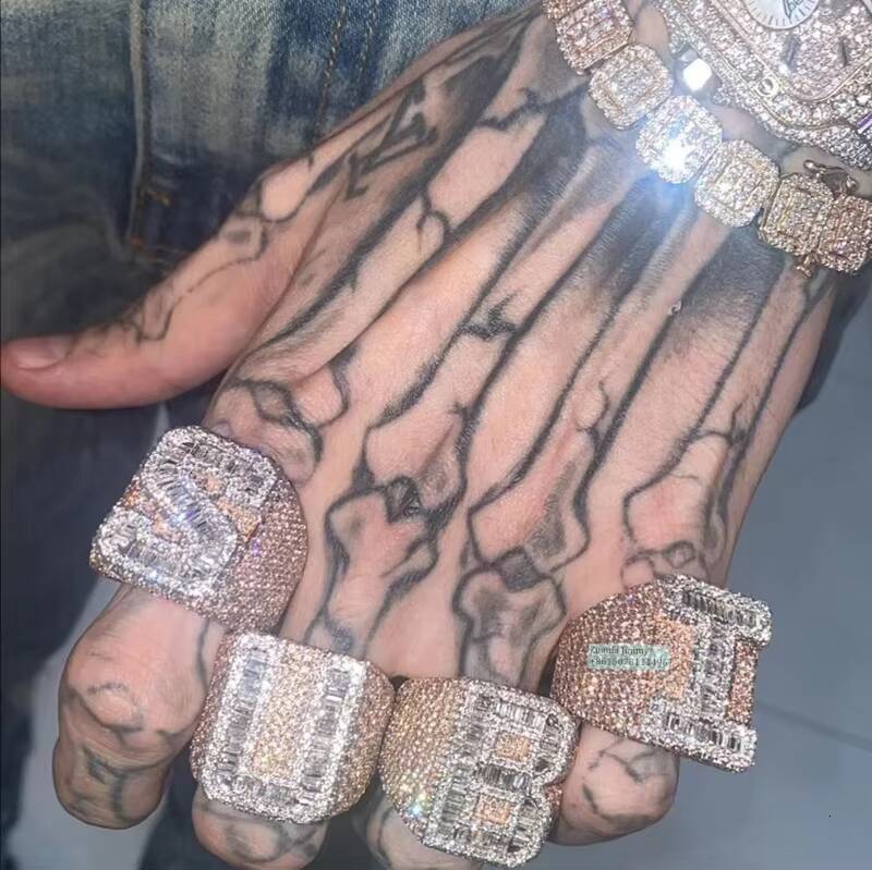 Custom Made 925 Sterling Silver Iced Out A-Z Initial VVS1 Baguette Moissanite Diamond Pinky Rings for Man