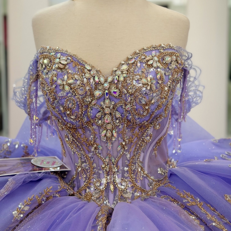 Lavender Shiny Quinceanera Dresses Off The Shoulder Gold Applique Beading Crystal Bow Tull Party Birthday Sweet 16 Dress Vestidos 15 De Anos