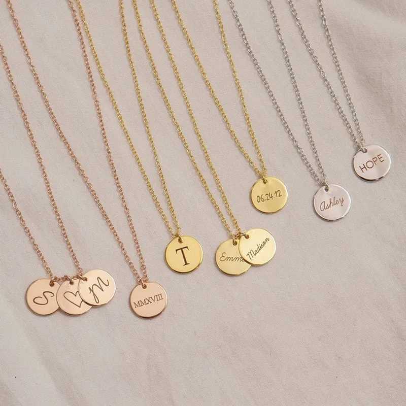 Custom Engraved Name Necklace Date Stainless Steel Round Disc Coin Pendant Personalized Text Chain Choker For Women Girlfriend M251211