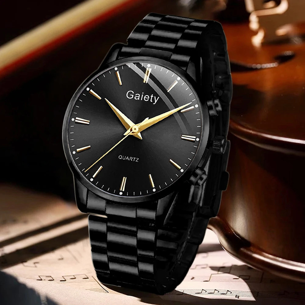 4PC Black Mens Minimalist Watch Set Business Trendy Lines Scale Round Dial Quartz Watch Bracelet Necklace Ring Set Perfect Gift 251209