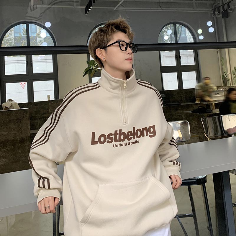 Men's Teenager Fleece-Lined & Thickened Half-Zip Stand Collar Sweatshirt: American Style, No Hood, for Junior & Senior High School Students, Tren