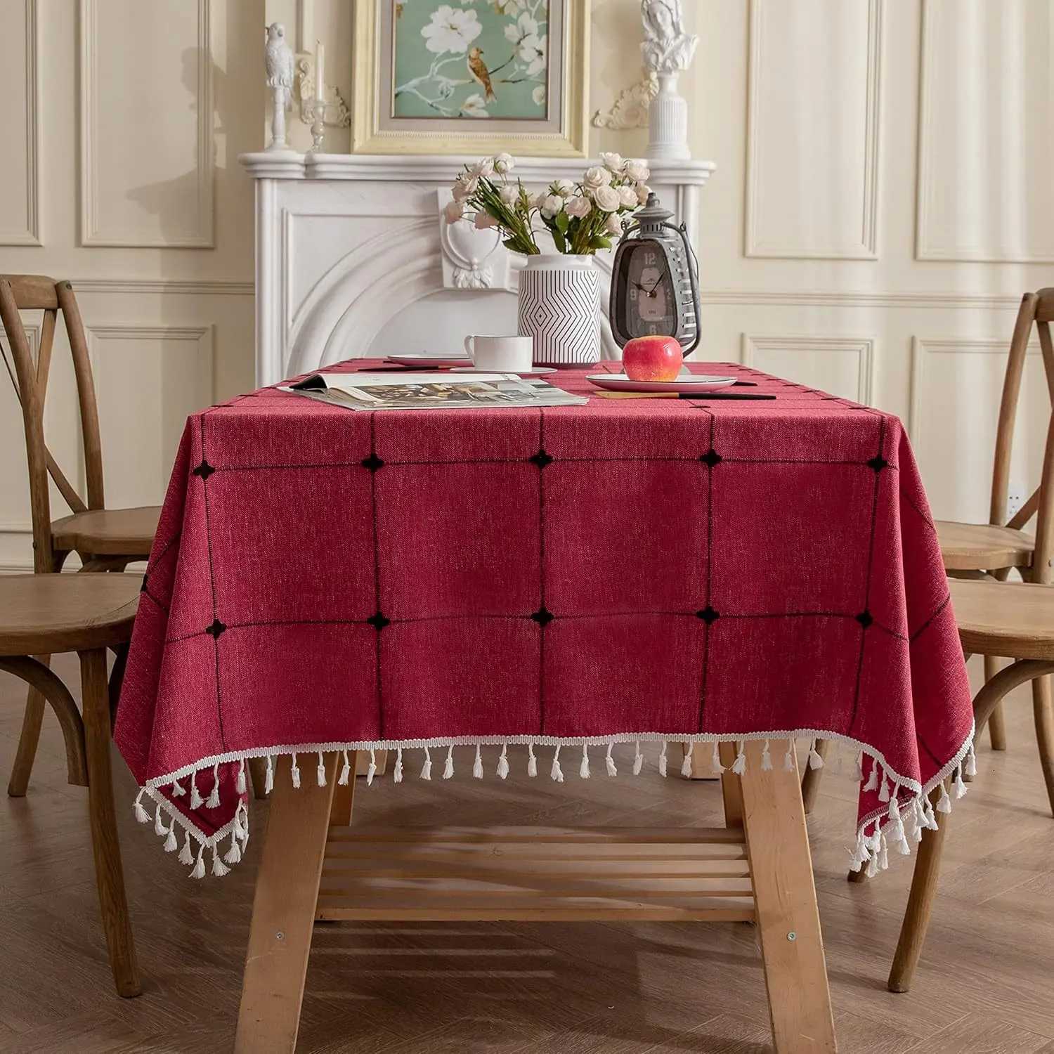 Cotton Linen Square Embroidery Tassel Tablecloth Dust-Proof Checkered Table Cover for Christmas Kitchen Dinning Tabletop Decor H251211