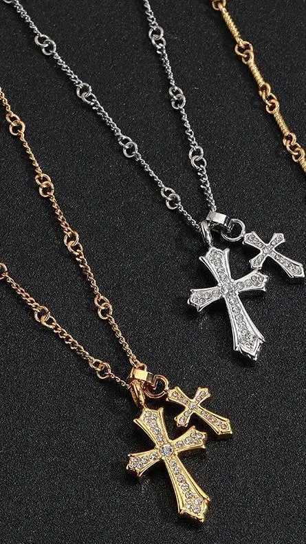 Hip Hop Cross Necklace for Men BoysStainless Steel AAA CZ Stone Double Cross PendantBirthday Anniversary Party Gift M251211