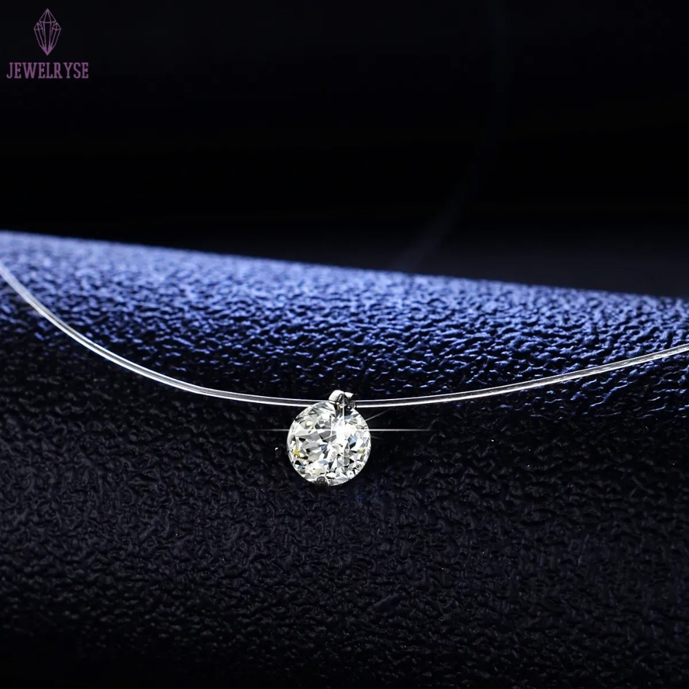 Simple Solitaire Pendant Fashion Jewelry 925 Sterling Silver Round Cut Moissanite Diamond Transparent Fishline Party Women Wedding Beach Necklace Gift