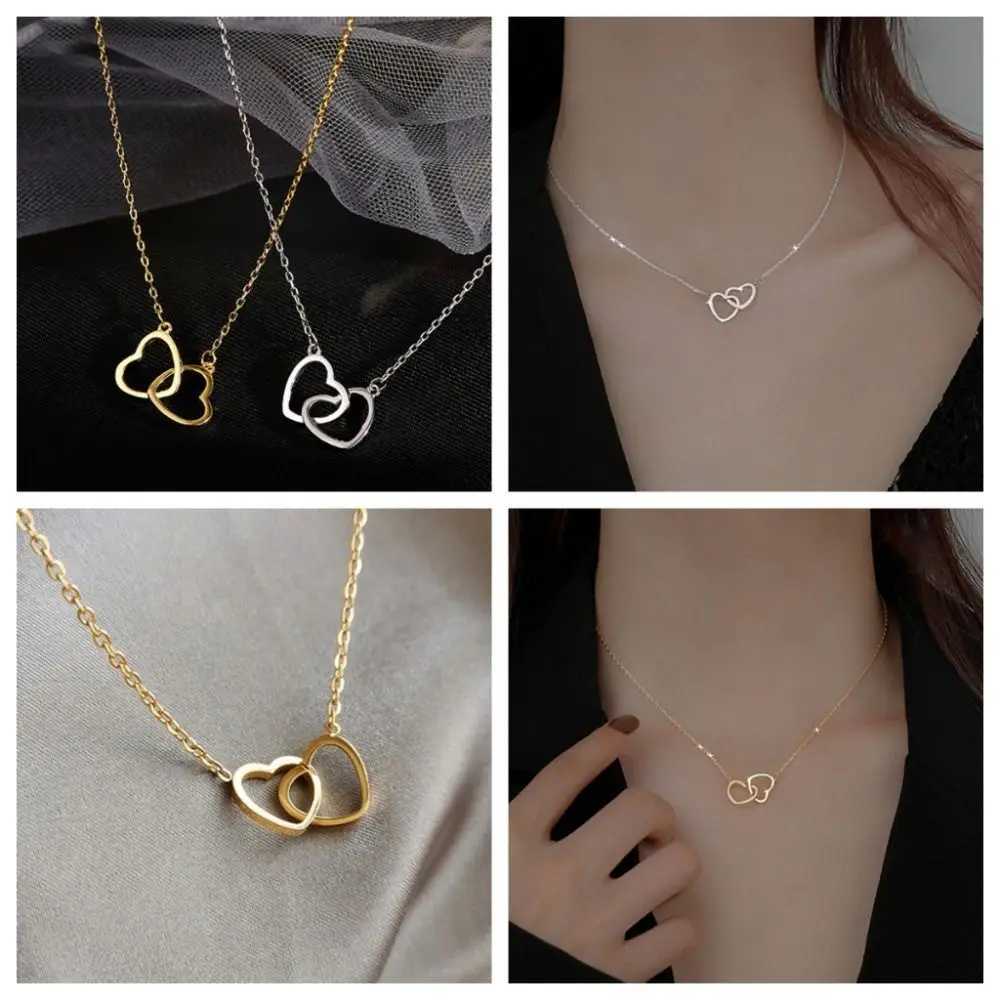 Fashion Alloy Drop Necklace Double Heart Light Weight Clavicle Choker Jewelry Simple Style Pendant Necklace M251211