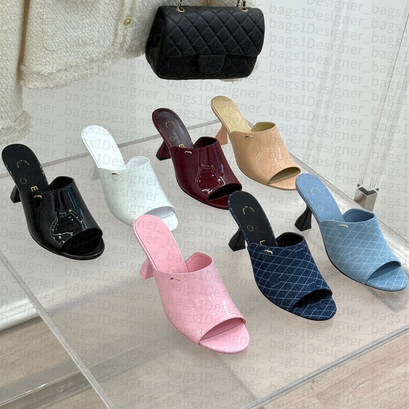 Womens designer slippers Mier Luxury Chunky heel sandals Denim Mule wedge slipper patent leather Beach pool slide pumps Sandalen prom dress high heels Platform Shoe