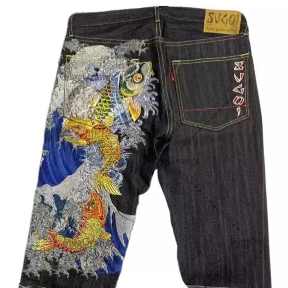Men's Jeans Karakuri Printed Ukiyo-e Carp and Cherry Blossom Classic Fashion Trousers Men Women Casual Denim Pants Sakura Straight-leg pants
