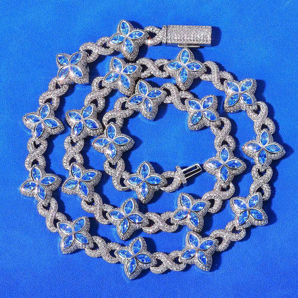 VVS Moissanite Trendy Blue Clover Boutique Jewelry Custom Iced 925 Silver Men's Cuban Chain Gemstone Necklace