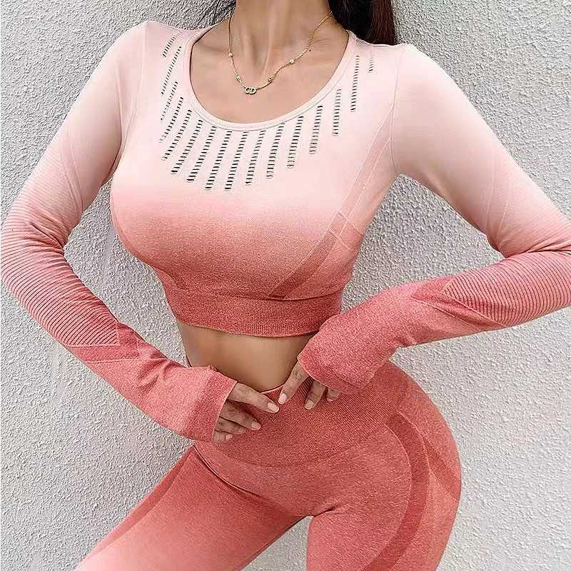 Women Solid Workout 2 Pcs Two Piece Long Sleeve Crop Top Leggings Gym Suit Outfits Fitness Sport Set Outfits Seamless Yoga SetT251211