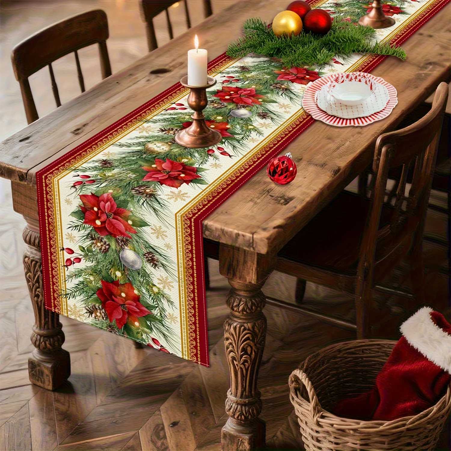Christmas Poinsettia Pine Needle Linen Table Runner Party Decor Winter Holiday Kitchen Dining Table Runner Christmas Decorations H251211