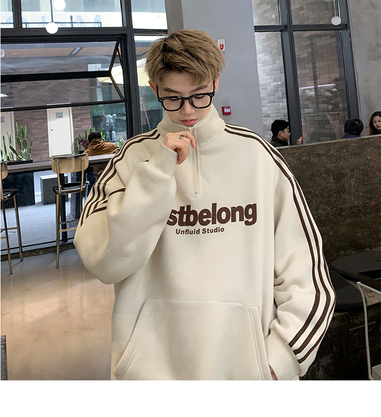 Men's Teenager Fleece-Lined & Thickened Half-Zip Stand Collar Sweatshirt: American Style, No Hood, for Junior & Senior High School Students, Tren