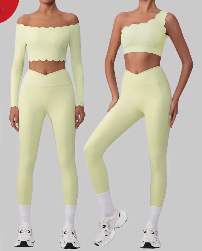 New Yoga Set Lace Single Shoulder Bra Leakage Shoulder Sports Tank Top Womens Crossing High Waist Fitness Pants Fitness Yoga SetT251211