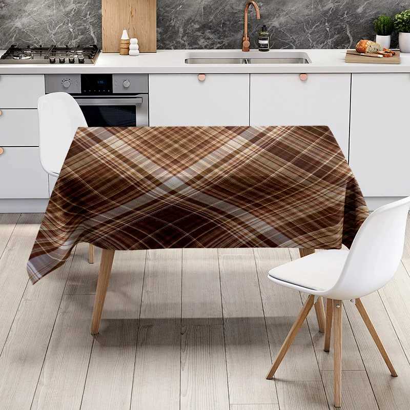 Plaid Tablecloth - Dining Room Decor Large Size Cotton Linen Kitchen Cover Brown Tones for Home Decoration H251211
