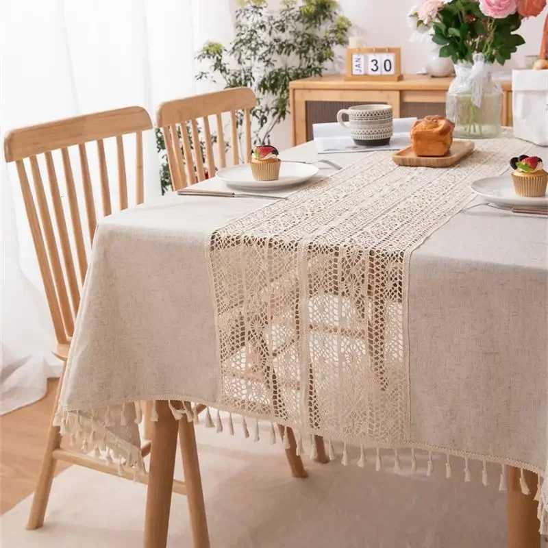 Rustic Table Cloth Rectangle Hollow Splicing Farmhouse Style Washable Tassel Tablecloth Kitchen Dining Room Christmas Decoration H251211
