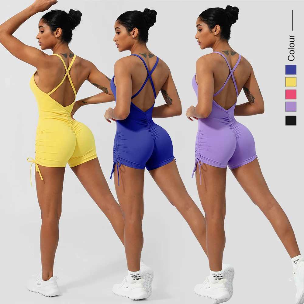 Women Yoga Jumpsuit Cross Back Padded Fitness Set Drawstring Bottom Sleeveless Beauty Back Running Workout JumpsuitT251211