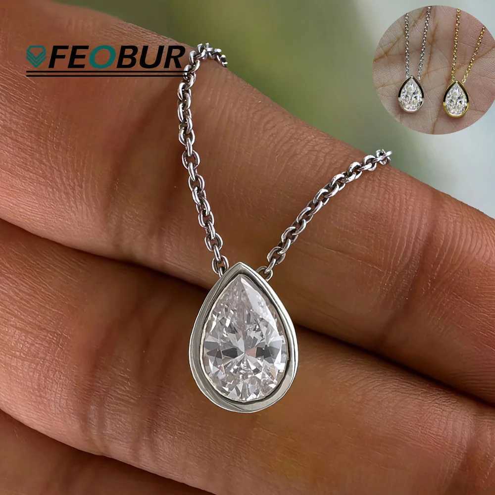 FEOBUR 1-4CT Bezel Pear Moissanite Pendant Necklace Real S925 Silver WaterDrop Diamond Charm Neckchain for Women Jewelry Gifts M251211