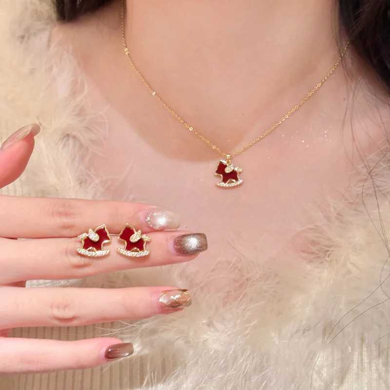 Cute Red Enamel Little Horse Pendant Necklace Earrings Set with Zircon Jewelry Set Light Luxury Temperament Jewelry Gift M251211
