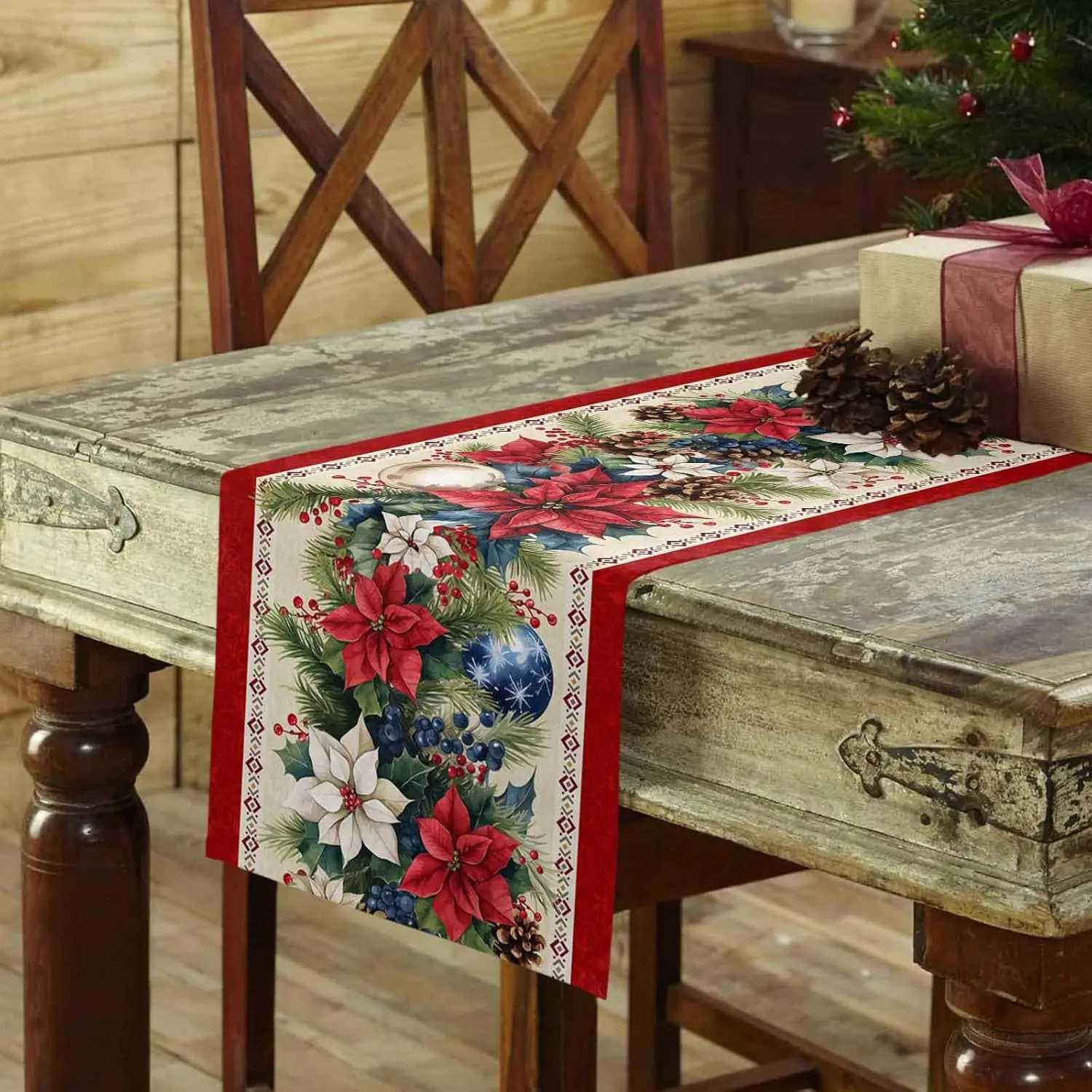 Christmas Poinsettia Flower Blue Balls Linen Table Runner Party Decor Winter Xmas Botanical Table Runners Christmas Decorations H251211