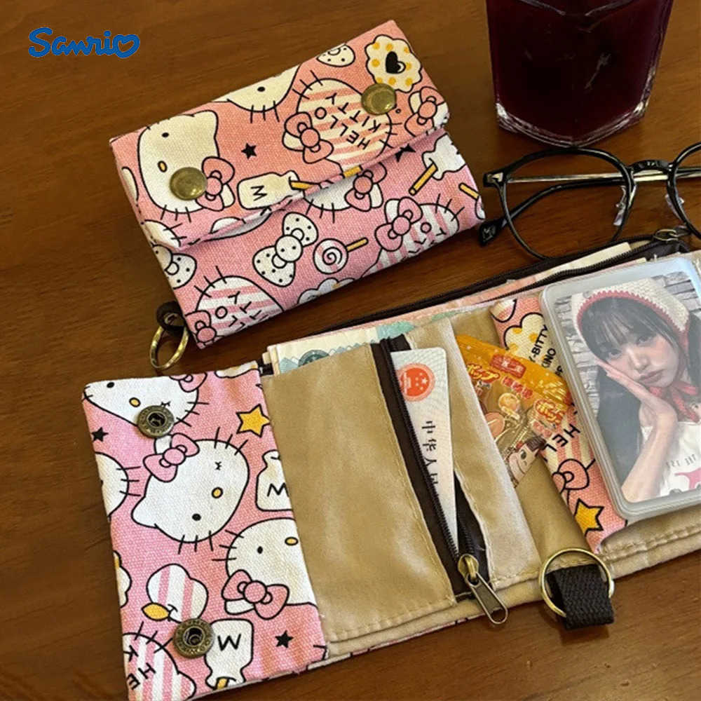 Sanrio Hellokitty Cartoon Tri-fold Canvas Wallet Kawaii Anime Card Holder Purse Photo Album Pendant Keychain Card Cilp Pack Gift H251211