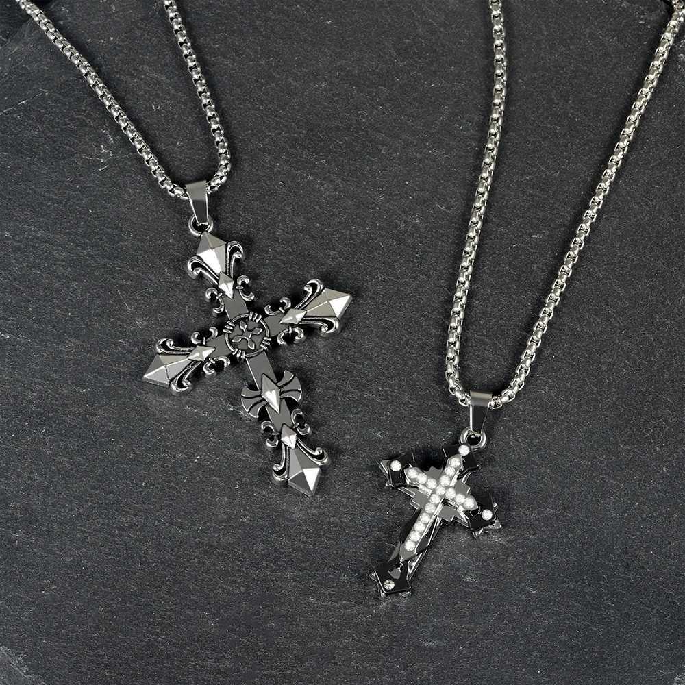 1pc Vintage Cross Pendant Necklace Men Stylish Gothic Style Inlay Diamonds Bilayer Cross With Stainless Steel Chain Jewelry Gift M251211