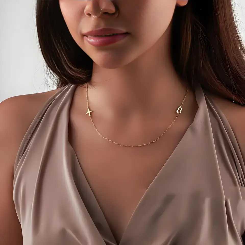 Personalized Airplane Name Necklace with 1 - 3 Custom Letters Gold - Plated Pendant Perfect Gift for Women Elegant Jewelry M251211