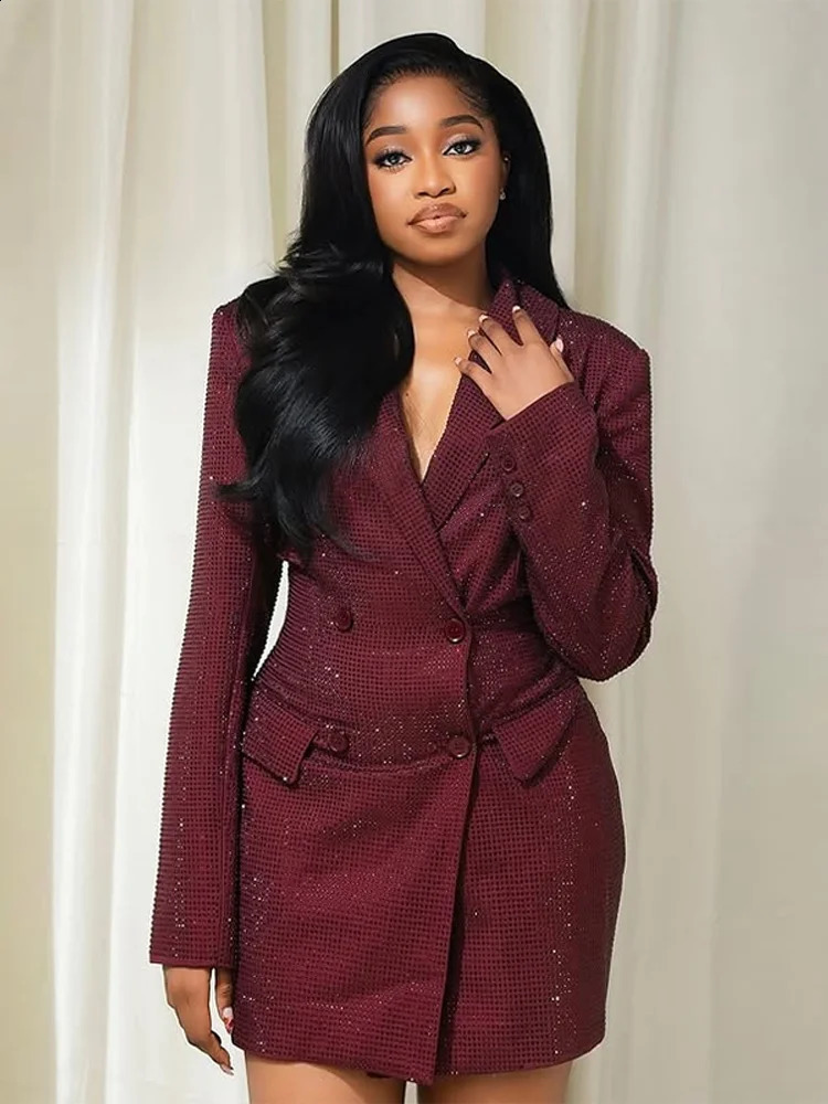 Womens Sparkle Blazer Dress Jacket Deep V Neck Tailored Coat Elegant Party Dresses for Formal Evening Cocktail Wear Lady Outfit 251211