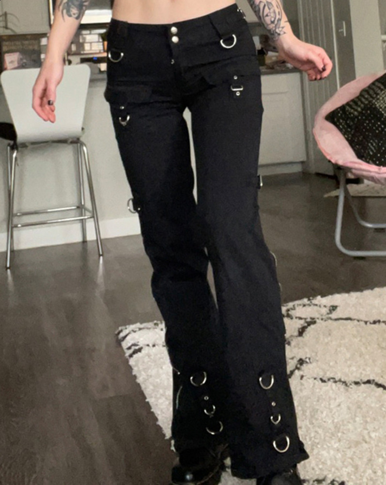 Women's Jeans SUCHCUTE Punk Rivets Zipper Black Straight Jeans Gothic Low Waist Women Denim Trousers Aesthetic Streetwear Dark Academia Pants 230