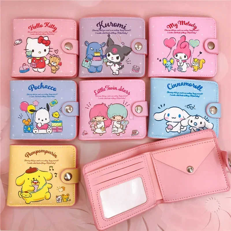 Sanrio Short Wallet Hello Kitty Cinnamoroll Melody Kuromi Cute Cartoon Foldable PU Card Case Coin Purse Accessories Girl Gift H251211