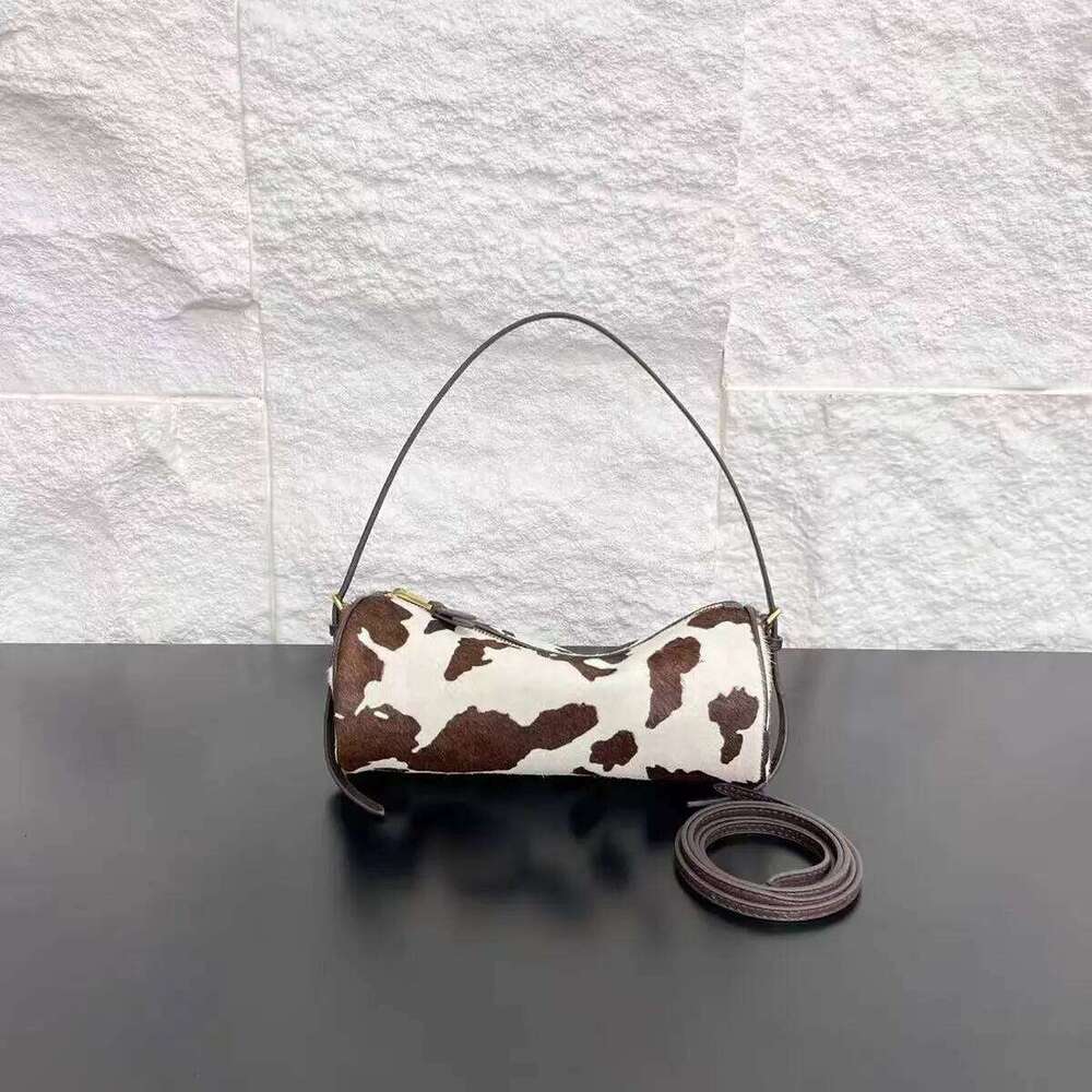 Niche Design Horizontal Barrel-Shaped Flap Cow-Print Real Leather / Fur Women Shoulder Crossbody Bag Small 251211